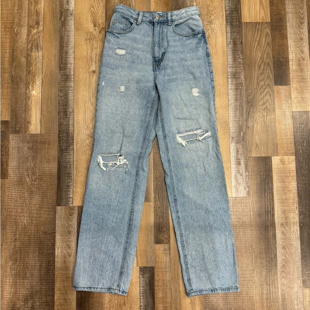 PacSun Blue Straight Leg Jeans with Distressed Details